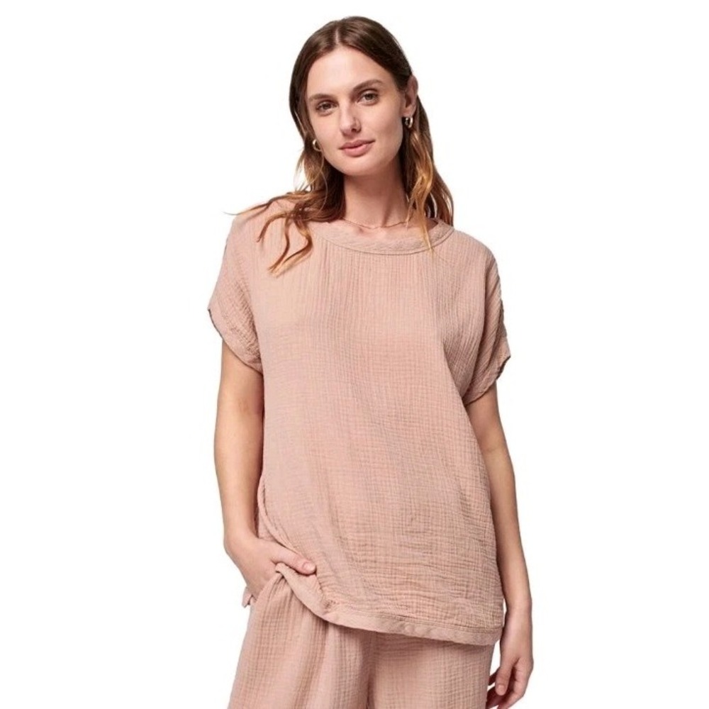 Faherty Organic Cotton Dream Gauze Round Neck Cap Sleeve Medium Beige Relaxed